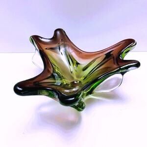 Vintage (1960s) Murano 3 Petal Splash Plum, Green, & Clear Handblown Glass Decor